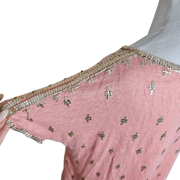 Calypso St. Barth Peach Beaded Short Sleeved Boho Top Linen sz M - Picture 3 of 11